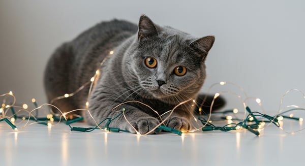 GATO CINZA COM LUZES DE NATAL