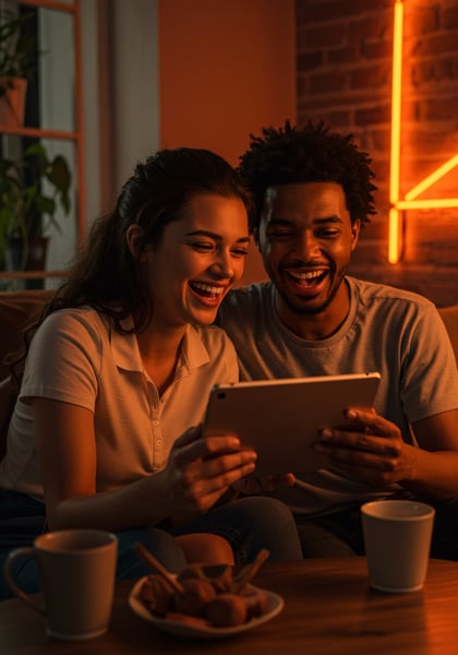 CASAL JOVEM FELIZ RINDO JUNTOS ASSISTINDO TABLET EM CASA NOITE ACONCHEGANTE DE ENTRETENIMENTO DIGITAL E LAZER