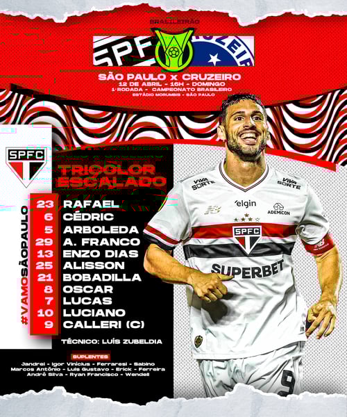 FLYER ESPORTIVO FUTEBOL SÃO PAULO FC ESCALAÇÃO BRASILEIRÃO 2025