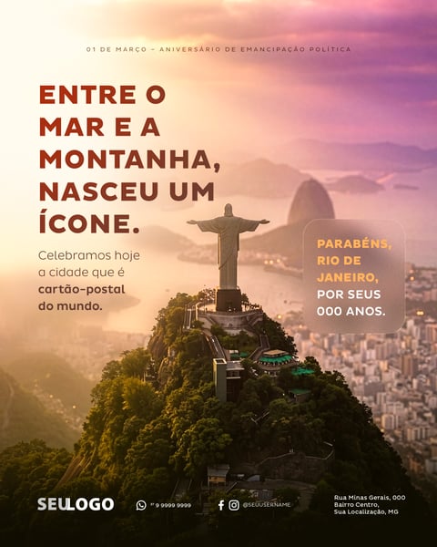 ANIVERSÁRIO DA CIDADE DO RIO DE JANEIRO CARTÃO POSTAL DO MUNDO SOCIAL MEDIA PSD EDITÁVEL