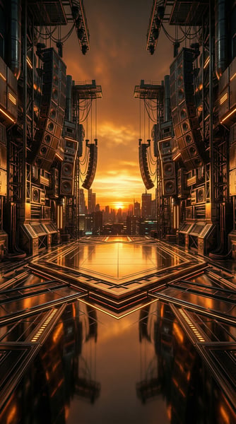PALCO DE EVENTOS COM ESTRUTURAS DE SOM SIMÉTRICAS E VISTA URBANA AO PÔR DO SOL 2