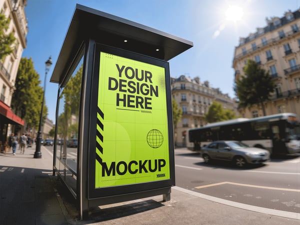 POSTER DE ABRIGO DE ÔNIBUS MOCKUP NA AVENIDA VISTA FRONTAL