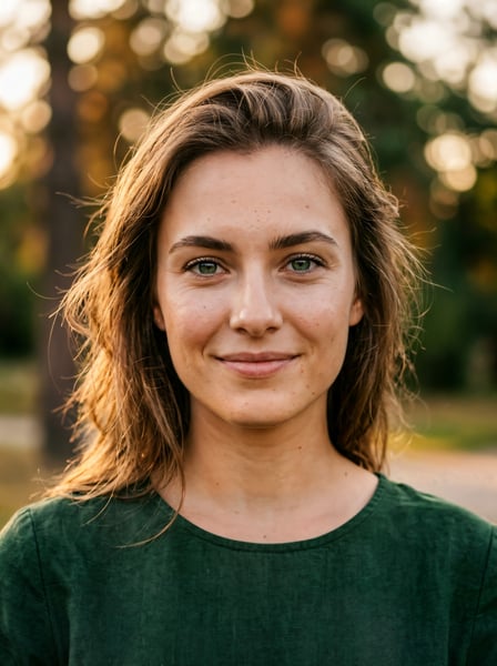 FOTO MULHER JOVEM SORRINDO PERFIL LEVE CAMPO ABERTO LUZ FIM TARDE 01