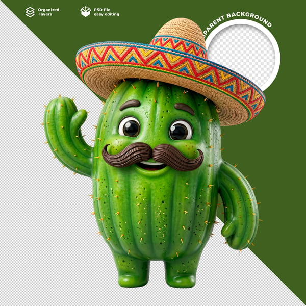 3D CUTE CARTOON CACTUS CHARACTER COM SOMBRERO E MUSTACHE PREMIUM