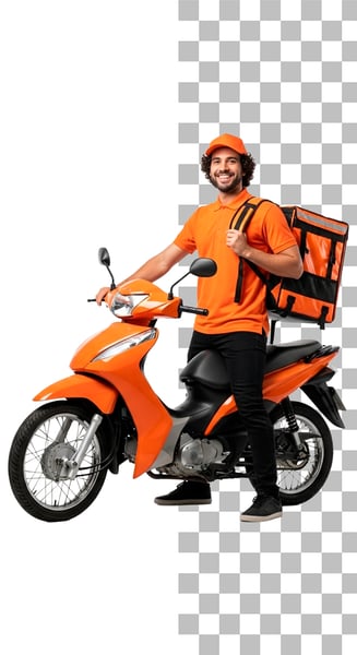 IMAGEM PARA COMPOSIÇÃO DE HOMEM ENTREGADOR COM ROUPA LARANJA E MOTOCICLETA DE ENTREGA E MOCHILA NAS COSTAS PSD