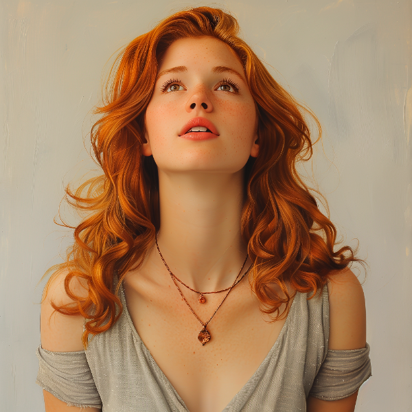 UMA LINDA MULHER RUIVA, OLHANDO PARA CIMA - IMAGEM