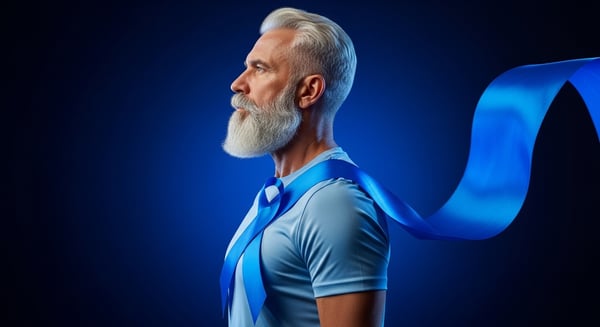 HOMEM SÊNIOR COM BARBA BRANCA E FITA AZUL CONSCIENTIZAÇÃO SOBRE O CÂNCER DE PRÓSTATA CAMPANHA NOVEMBRO AZUL E SAÚDE MASCULINA