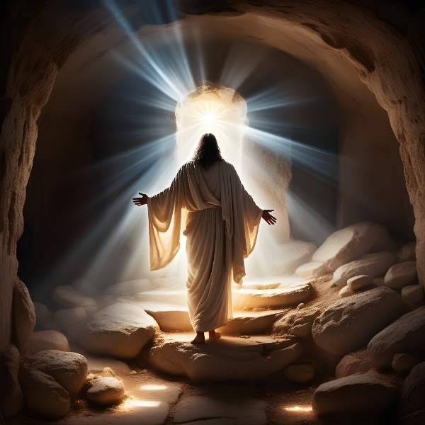 IMAGEM BÍBLICA CAPTURANDO A RESSURREIÇÃO COM UM BELO JOGO DE LUZ