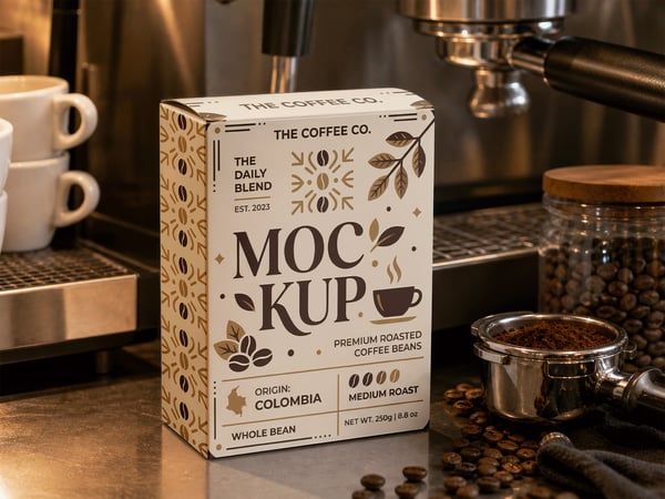 CAIXA DE CÁPSULAS DE CAFÉ MOCKUP SOBRE BANCADA CÁPSULAS AO LADO