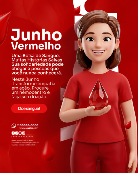 CAMPANHA JUNHO VERMELHO MÊS DE CONSCIENTIZAÇÃO DOAÇÃO DE SANGUE SOCIAL MEDIA PSD EDITÁVEL 2