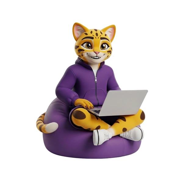 Mascote Leopardo 3d Com Moletom Roxo Usando Laptop Em Pufe, Trabalho Remoto E Estudo Online, Tecnologia.