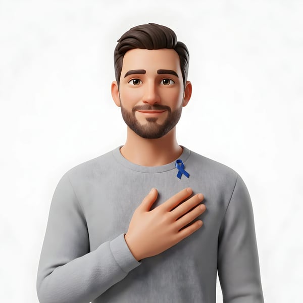 BEARDED MAN HAND ON CHEST BLUE RIBBON
