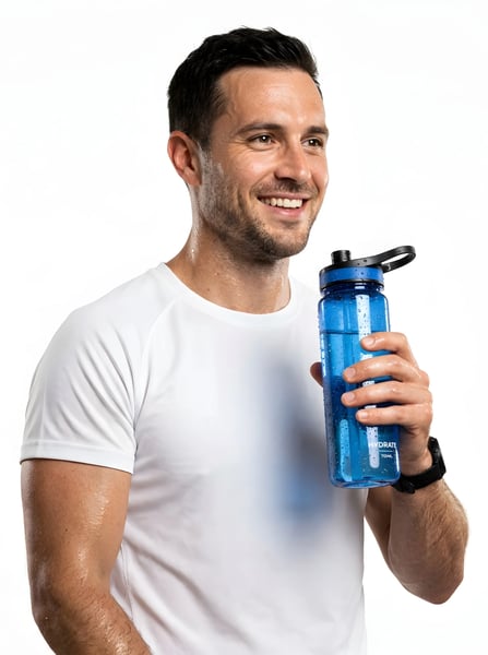 ATHLETIC MAN HOLDING BLUE WATER BOTTLE