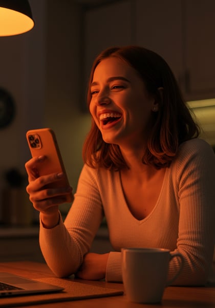 JOVEM MULHER FELIZ RINDO COM SMARTPHONE NOITE COMUNICAÇÃO E LAZER EM CASA