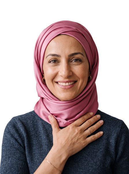 WOMAN IN PINK HIJAB SMILING WITH HAND ON CHEST OVER WHITE BACKGROUND