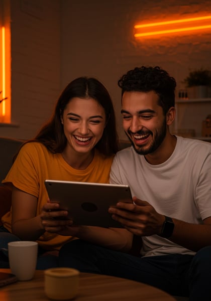 JOVEM CASAL FELIZ RINDO ASSISTINDO A VÍDEOS NO TABLET ENTRETENIMENTO DIGITAL EM CASA COM LUZES NEON