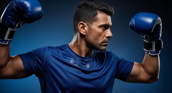 BOXEADOR MASCULINO FOCADO COM LUVAS AZUIS TREINO FORA E DETERMINAÇÃO NO ESPORTE