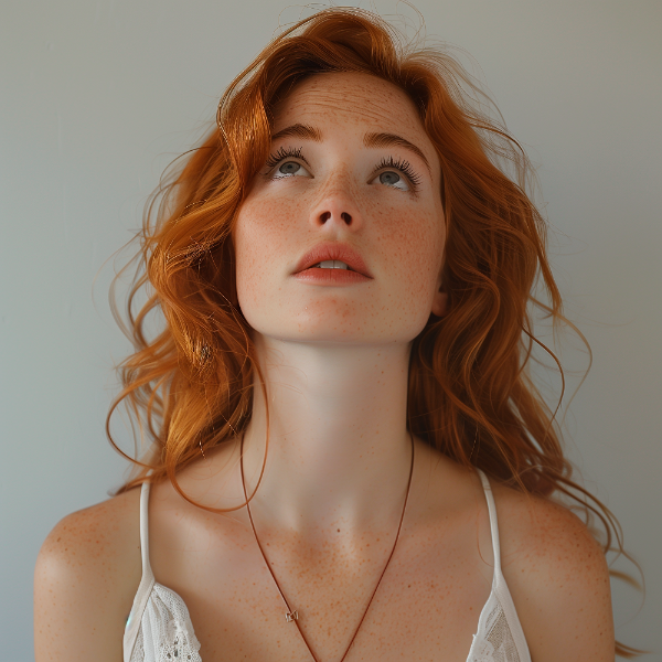 UMA LINDA MULHER RUIVA, OLHANDO PARA CIMA - IMAGEM