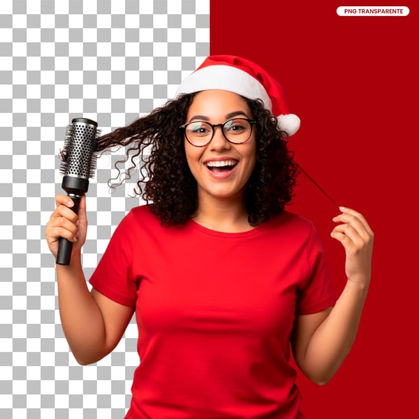 IMAGEM PARA COMPOSIÇÃO MULHER COM ESCOVA DE CABELO E GORRO DE NATAL PSD