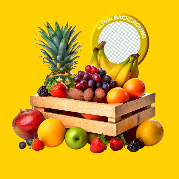 ELEMENTO CAIXOTE COM FRUTAS PARA COMPOSIÇÃO PNG TRANSPARENTE SEM FUNDO