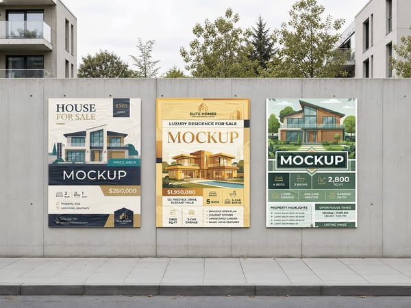 Tres POSTERS MOCKUP EM MURO DE CONCRETO VISTA FRONTAL