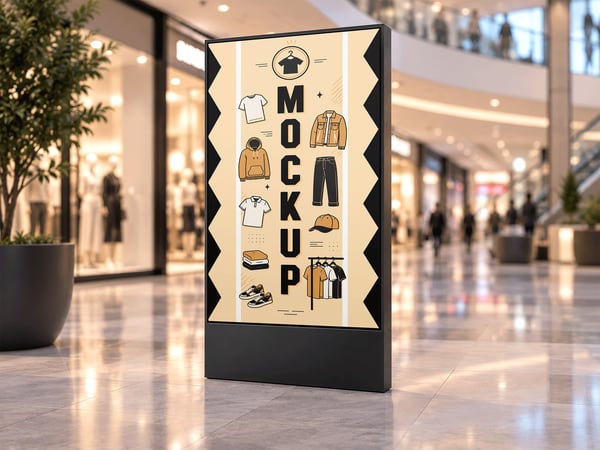 TELA DIGITAL MOCKUP EM SHOPPING VISTA EM TRÊS QUARTOS PELA ESQUERDA