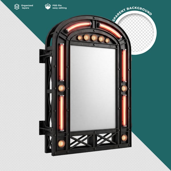 ESPELHO DECORATIVO 3D ARCO INDUSTRIAL COM LUZES NEON VERMELHAS E DETALHES METÁLICO