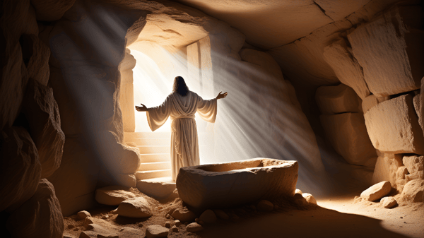 IMAGEM BÍBLICA CAPTURANDO A RESSURREIÇÃO COM UM BELO JOGO DE LUZ