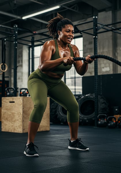 MULHER NEGRA FORTE COM CORDAS DE BATALHA NO GINÁSIO TREINO INTENSO DE FITNESS E FORA
