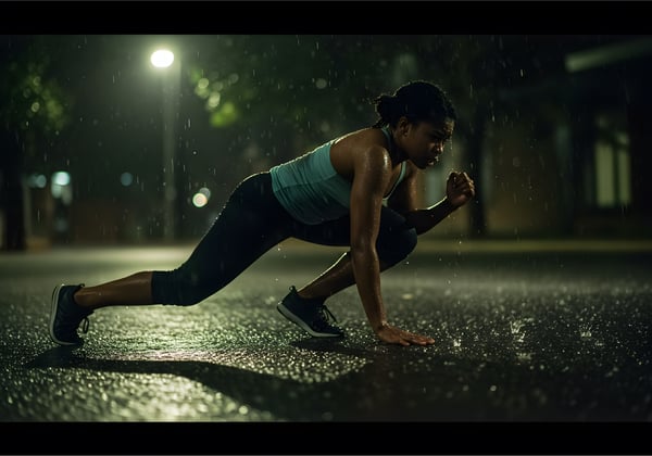 Mulher negra jovem, com roupas fitness, respirando fundo após esforço físico intenso.