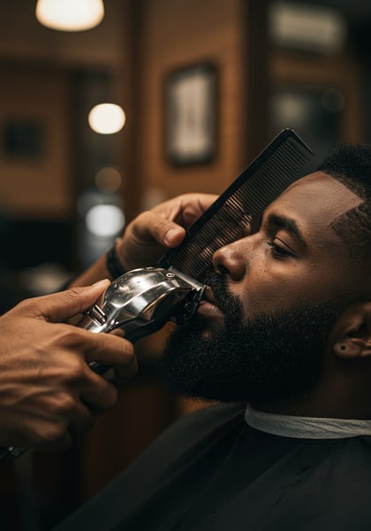 BARBEIRO NEGRO APARANDO A BARBA DE UM HOMEM NEGRO VISTO DE FRENTE