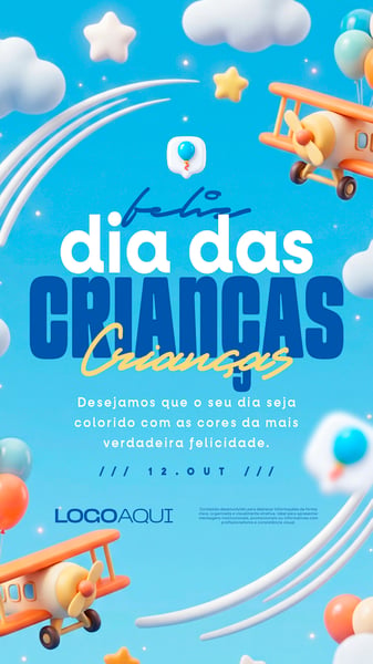 FELIZ DIA DAS CRIANÇAS AVIÃO BRINQUEDOS 3D SOCIAL MEDIA FLYER PSD EDITÁVEL STORY