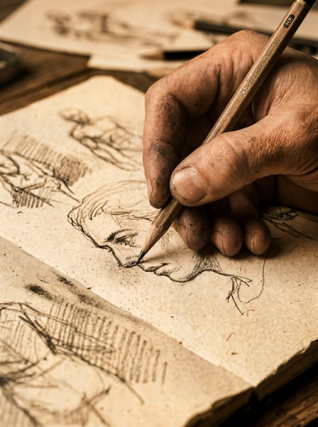 ARTISTA DESENHANDO ESBOÇO REALISTA MÃO CADERNO 3