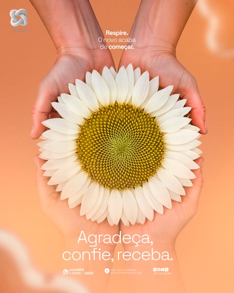 FLYER MENSAGEM DE AGRADECIMENTO COM FLOR DE GIRASSOL NAS MOS DESIGN MINIMALISTA