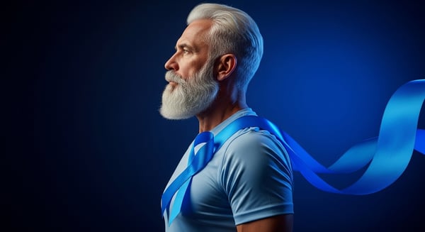 HOMEM SÊNIOR COM BARBA BRANCA E FITA AZUL SÍMBOLO DE CONSCIENTIZAÇÃO PARA SAÚDE MASCULINA E PREVENÇÃO DO CÂNCER DE PRÓSTATA