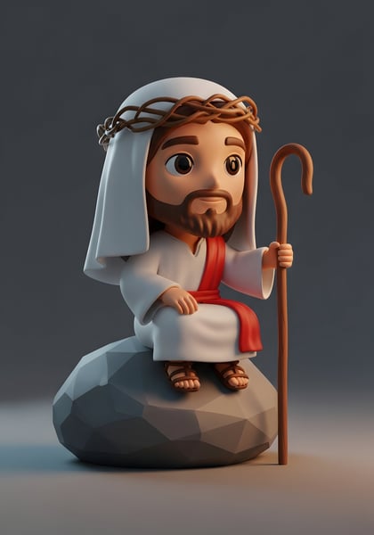 JESUS CRISTO SENTADO EM UMA PEDRA SEGURANDO UM CAJADO DE MADEIRA ESTILO PERSONAGEM 3D 02