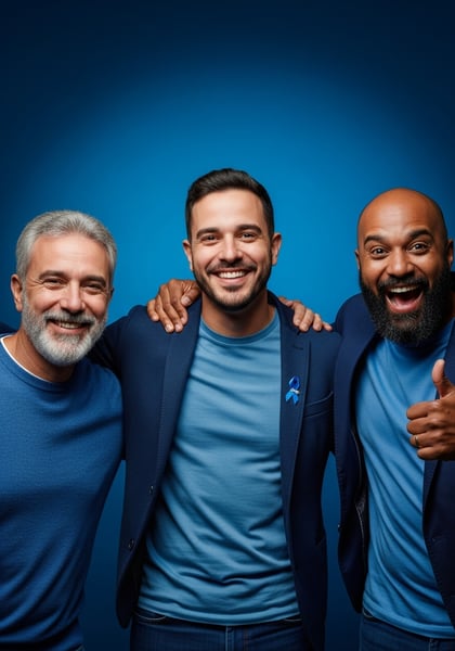 NOVEMBRO AZUL TRÊS HOMENS DIVERSOS E FELIZES SORRINDO COM FITA DE CONSCIENTIZAÇÃO E APOIO À SAÚDE MASCULINA EM FUNDO AZUL