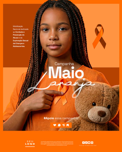 MAIO LARANJA MOBILIZAÇÃO NACIONAL DEDICADA AO COMBATE E PREVENÇÃO DO ABUSO E DA EXPLORAÇÃO SEXUAL DE CRIANÇAS E ADOLESCENTES SOCIAL MEDIA PSD EDITÁVEL 3