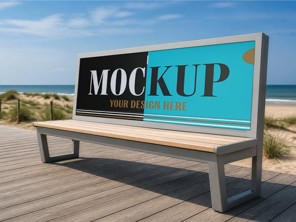 BANCO PUBLICITÁRIO MOCKUP NO CALÇADÃO PRAIA AO FUNDO