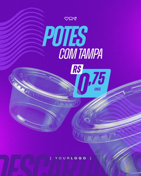 POTES PLÁSTICOS TRANSPARENTES COM TAMPA DESCARTÁVEIS PSD EDITÁVEL