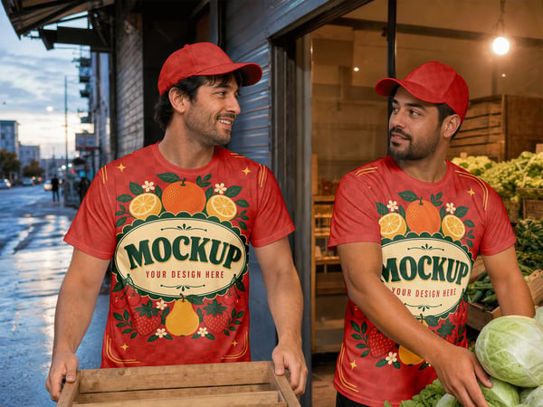 Camiseta mockup em mercado de produtos trabalhadores ao fundo