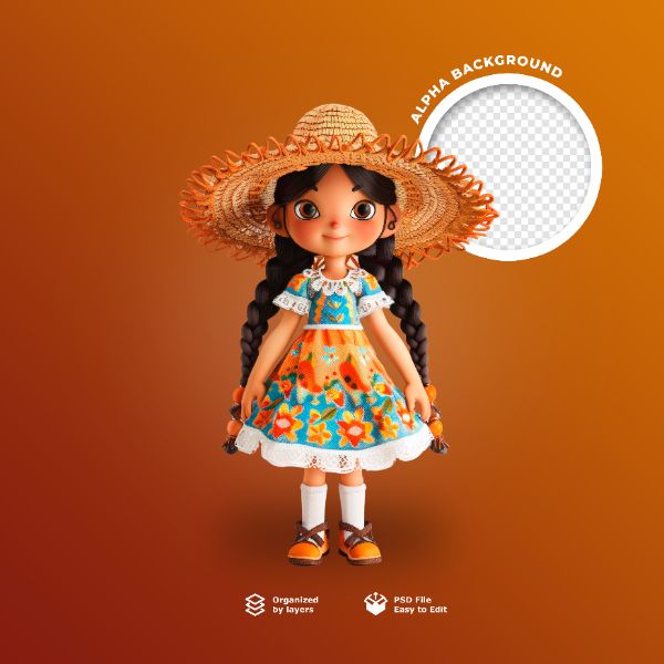 UMA BONECA 3D COM CHAPÉU DE PALHA PARA FESTA JUNINA