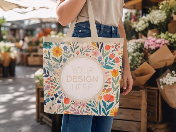 BOLSA DE TECIDO MOCKUP EM FEIRA DE FLORES PESSOA SEGURANDO