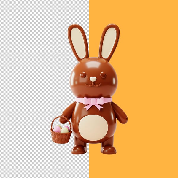 TNT PERSONAGEM 3D COELHO DE CHOCOLATE COM LAÇO ROSA E CESTO COM OVOS DE CHOCOLATE PSD EDITÁVEL