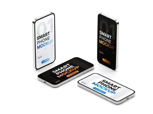 SMARTPHONES MOCKUP EM SUPERFÍCIE NEUTRA CONJUNTO EM PERSPECTIVA