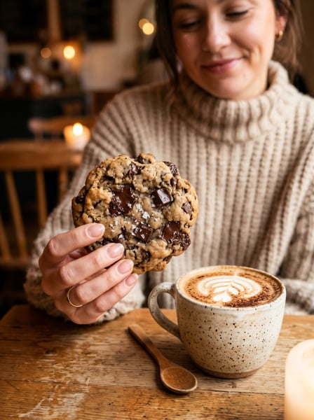 MULHER TOMANDO UM CAFÉ DA MANHÃ E COMENDO COOKIES 4