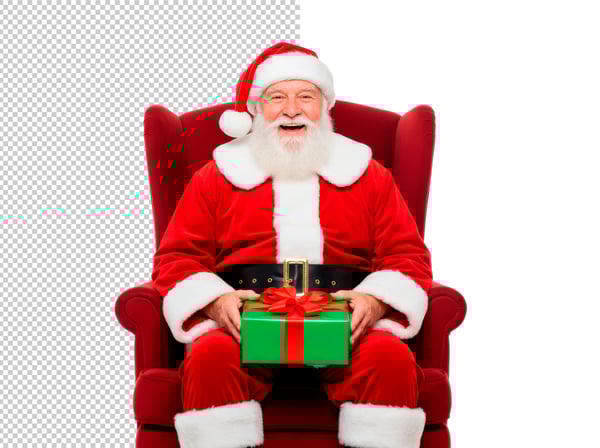 PAPAI NOEL SENTADO NA POLTRONA COM PRESENTES NA MÃO EM PNG