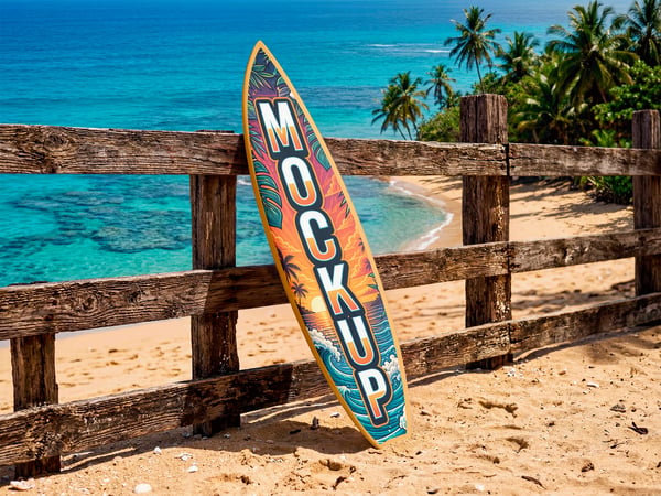 PRANCHA DE SURFE MOCKUP APOIADA EM CERCA PRAIA AO FUNDO