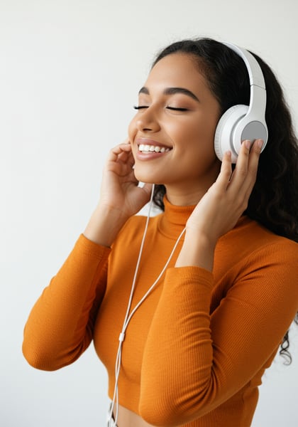 MULHER JOVEM FELIZ OUVINDO MÚSICA EM FONES DE OUVIDO BRANCOS OLHOS FECHADOS DESFRUTANDO DE ÁUDIO RELAXANTE EM FUNDO BRANCO CONCEITO DE BEM ESTAR E LAZER