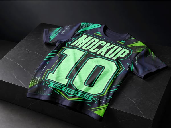 CAMISETA MOCKUP SOBRE SUPERFÍCIE DE MÁRMORE VISTA SUPERIOR